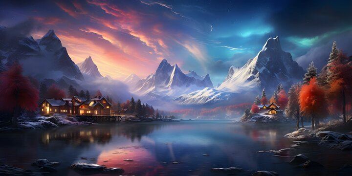 Colorful house, Beautiful lake, and mountain views. Reflected in the water of lake.  with snow mountain as background, Generative Ai
