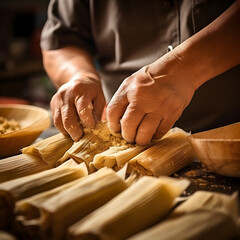 Close up of hands making Tamales. A look at traditional Mexican food cooking. Generative ai.  - obrazy, fototapety, plakaty