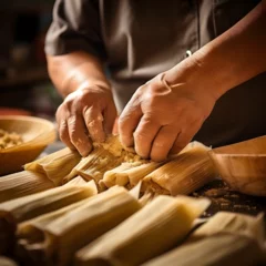 Fotobehang Close up of hands making Tamales. A look at traditional Mexican food cooking. Generative ai.  © PixelHD