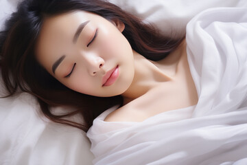 Obraz na płótnie Canvas Asian Woman sleeping with closed eyes in comfortable bed