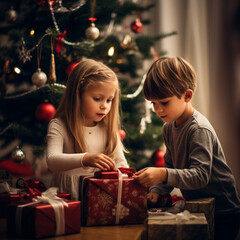 Fototapeta na wymiar Children Unwrapping Christmas Gifts by Decorated Tree
