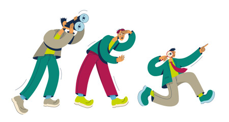 Seach concept. Men using magnifying glass, binoculars seach for something