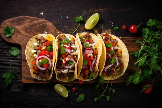 Mexican food, tacos with beef, tomatoes, avocado, chili and onions on dark wooden background, high angle view