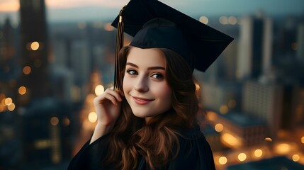 Beautiful young woman wearing graduation cap and gown with cityscape background Adding warm orange sunlight. Generative Ai