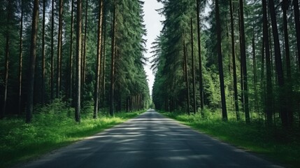 Forest with tall trees. Road in the center