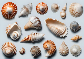 Set a collection of small sea shells a conch and sea snails over a transparent. Generative Ai