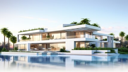 Fototapeta premium Luxurious modern residence with a pool and palm trees created with Generative AI