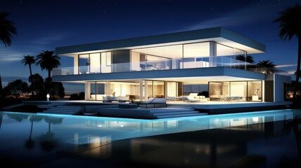 Obraz premium Luxurious modern residence with a pool and palm trees created with Generative AI