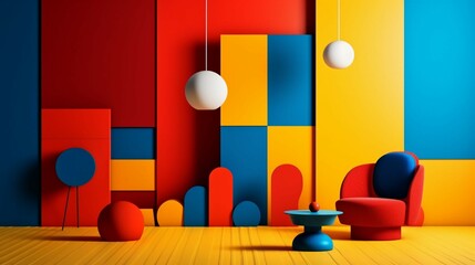 Geometric shapes in bold primary colors add a modern and energetic touch