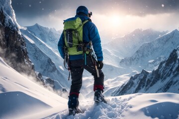 AI generated image of a backpacker trekking on snow,  outdoor winter activity and healthy lifestyle.