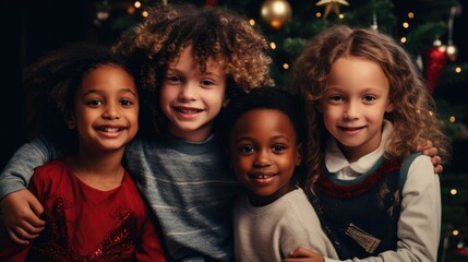 Group of happy kids different nationalities with colorful lights - obrazy, fototapety, plakaty