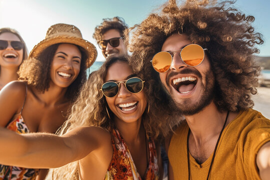 Group of young friends taking selfie with smartphone. Summer beach background, vacation and happiness concept. AI Generative