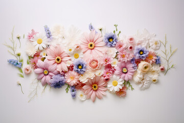 Spring flowers in pastel colors. Beautiful blooming nature concept. Flat lay. Creative artistic idea.