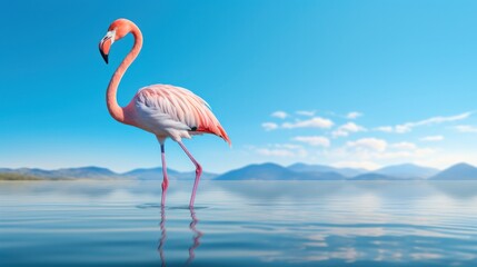 A flamingo is reflected in turquoise water against a background of blue sky and white clouds. Natural environment and harmony background.