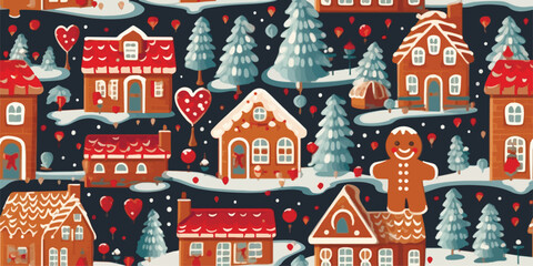 Seamless vector pattern with cute gingerbread houses and cookies. Perfect for textile, wallpaper or print design. Winter holidays fairytale, festive, treats, new year, Christmas market