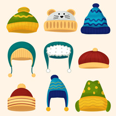 Set of various beautiful knitted hat or winter hat