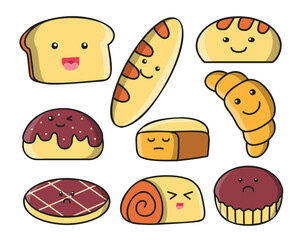 Set of various bun and bakery in cartoon style vector