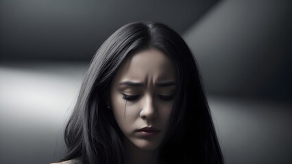 Sad crying woman. Portrait of a depressed woman with a tear running down her cheek - obrazy, fototapety, plakaty