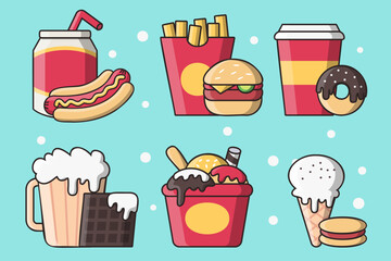 Set of various fast food and drink in cartoon style vector