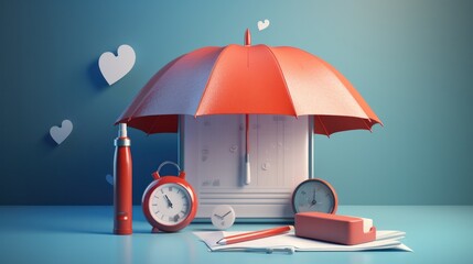 A 3D rendering illustrates the concept of business insurance, emphasizing policy guarantees. The image prominently features checkmarks, an umbrella, a shield, and a checklist. It signifies the domains