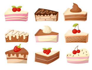 Set of various cake and bakery in cartoon style vector