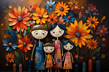 Colorful paper applique of a friends with many flowers