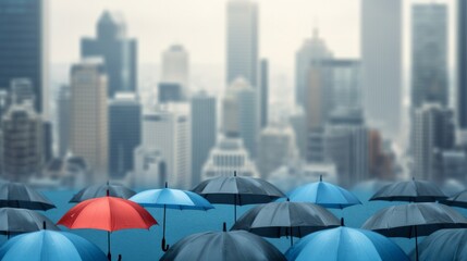 A blue umbrella standing out among a group of gray umbrellas against a city backdrop. Symbolizing individuality, uniqueness, and the idea of being prepared for success.