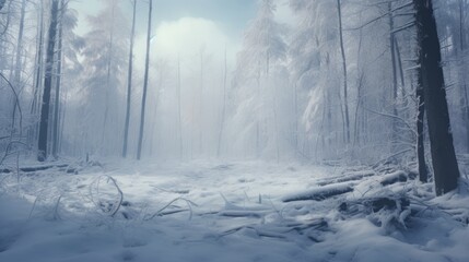 Winter landscape. Morning in the winter forest after blizzard