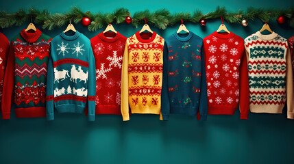 Flat lay of colorful National Ugly Christmas Sweater Day decorations on a wooden table
