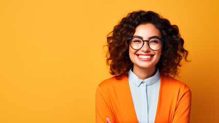 portrait of a smiling young woman wearing glasses looking to the side - obrazy, fototapety, plakaty