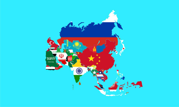  map of the Asia continent with every country's flag.