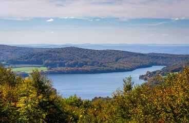 Fototapeta na wymiar View from overlook of the autumn colors of Mt Davis towards High Point Lake in south western Pennsylvania