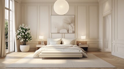A 3D-rendered beige bedroom interior featuring a bed with wicker chandeliers suspended over bamboo...