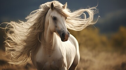 Magnificent white stallion horse roaming wild and free on the prairie plains with long blonde mane hair blowing in the wind at sunset.
