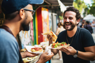 A chef gives a taco to a man at a street food market - Powered by Adobe