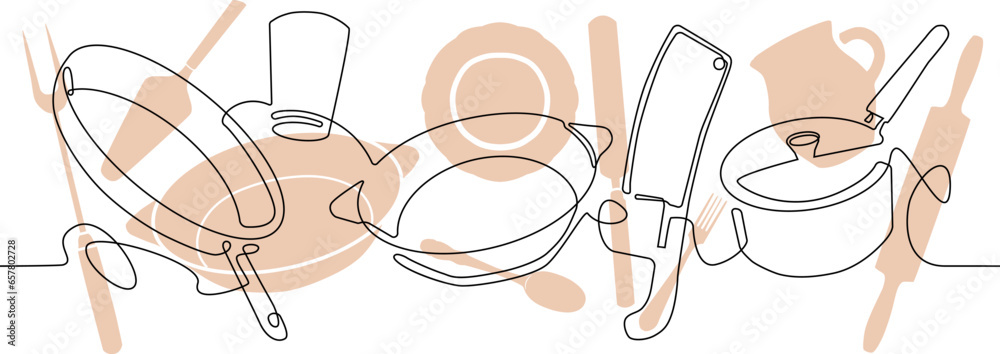 Wall mural Cutlery Background. One Line Drawing of Isolated Kitchen Utensils. Cooking Design Poster. Vector illustration. - Wall murals