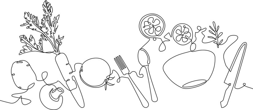 Naklejki Horisontal continuous line drawing poster with utensils and food. Preparing the salad. Cooking process. Healthy eating. Culinary illustration. Vector background.