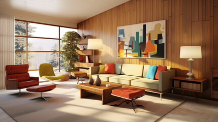 Mid-Century style livingroom Design. Generative AI.