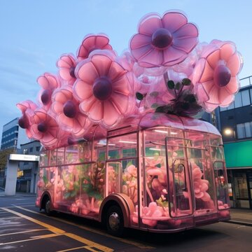 A pink flower-shaped bus glides along the open road, its vibrant petals standing out against the blue sky, transporting its passengers on an exciting journey of discovery