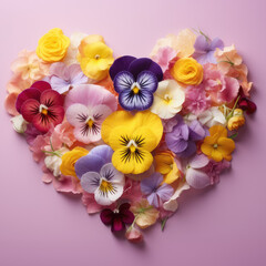 Colorfully heart shaped flowers on pink background 