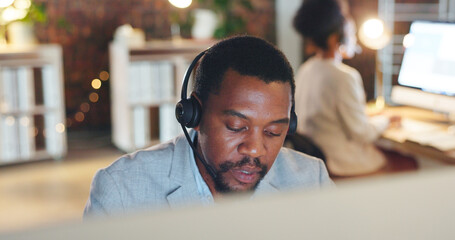 African man, call center and computer in thinking, talk or night for telemarketing, voip mic or contact us. Consultant, crm and tech support agent for customer service, idea or questions at help desk - obrazy, fototapety, plakaty