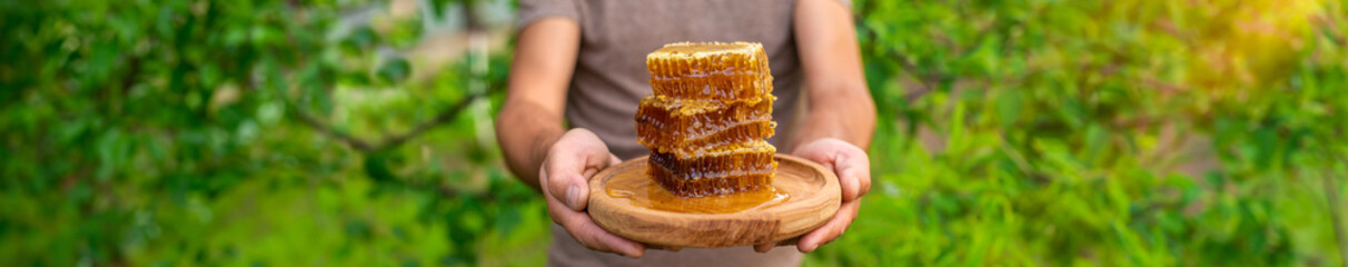Homemade honey in the garden in the hands of a man. Selective focus.