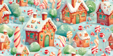 Fototapeta na wymiar Seamless vector pattern with cute gingerbread houses and cookies. Perfect for textile, wallpaper or print design. Winter holidays fairytale, festive, treats, new year, Christmas market