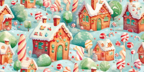 Seamless vector pattern with cute gingerbread houses and cookies. Perfect for textile, wallpaper or print design. Winter holidays fairytale, festive, treats, new year, Christmas market