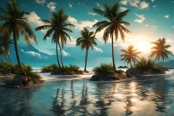 Fototapeta na wymiar tranquil beach scene with palm trees and gentle waves.