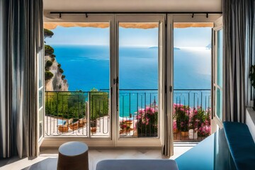 Scenic open window view of the Mediterranean Sea from a luxury resort room along the coast