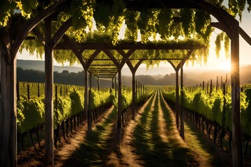  lush vineyard with rows of grapevines and a rustic winery.