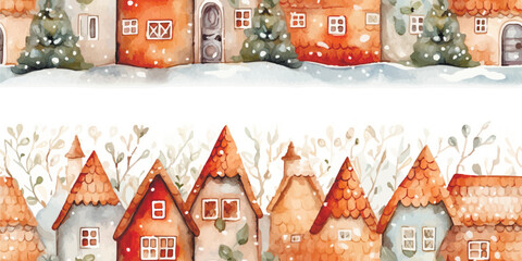 Naklejka premium Seamless pattern Winter houses ,landscape,Celebrating Christmas and New Year in City. Vector seamless pattern, winter wonderland in countryside