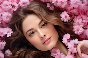 In this portrait, a European girl's beauty is enhanced by the presence of pink sakura petals, making it an exquisite fusion of cultures and aesthetics