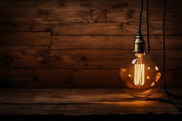 A classic Edison light bulb on wooden background switched on. retro edison light bulb.